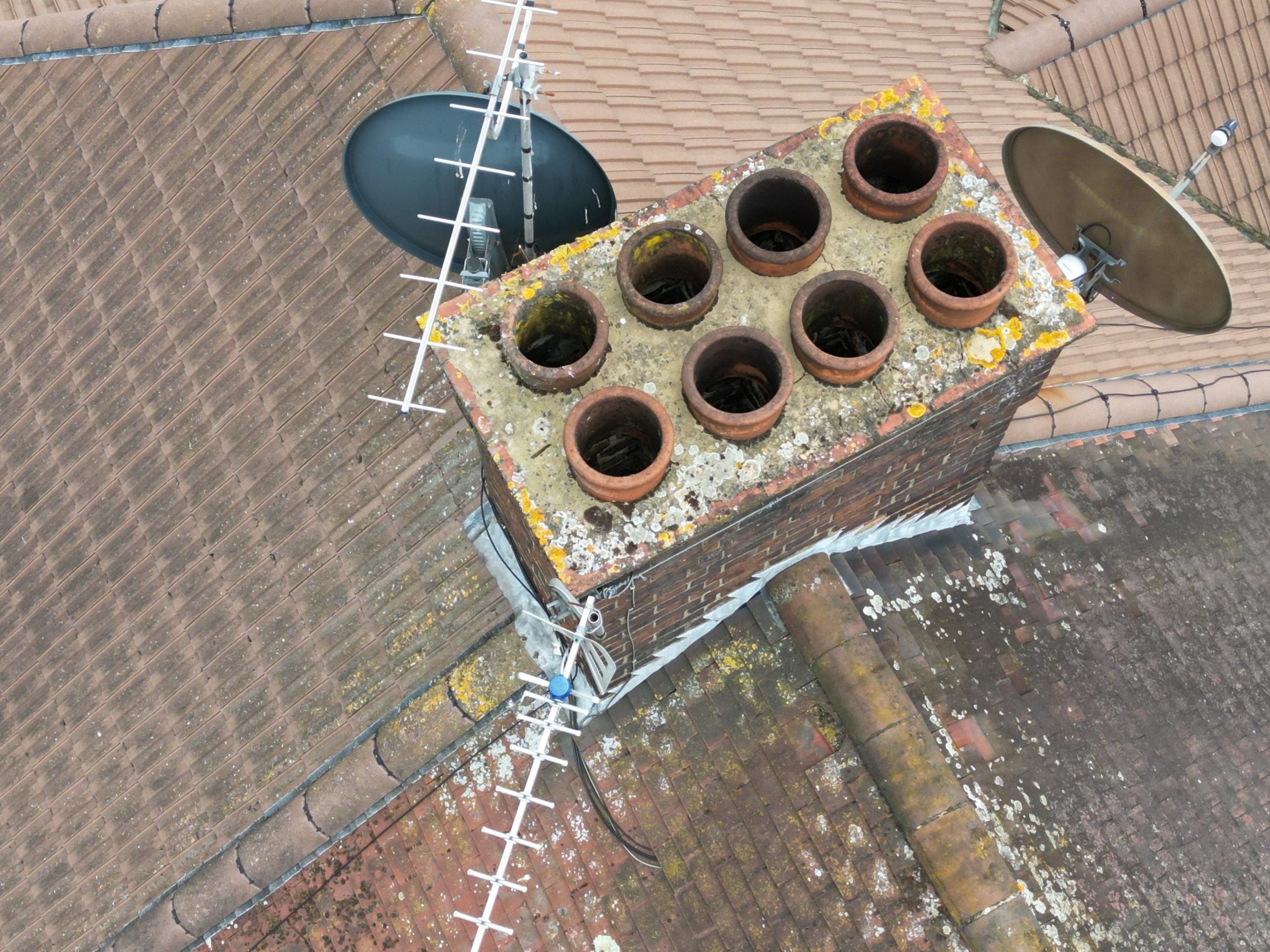 Birdseye view of a hipped chimney stack.