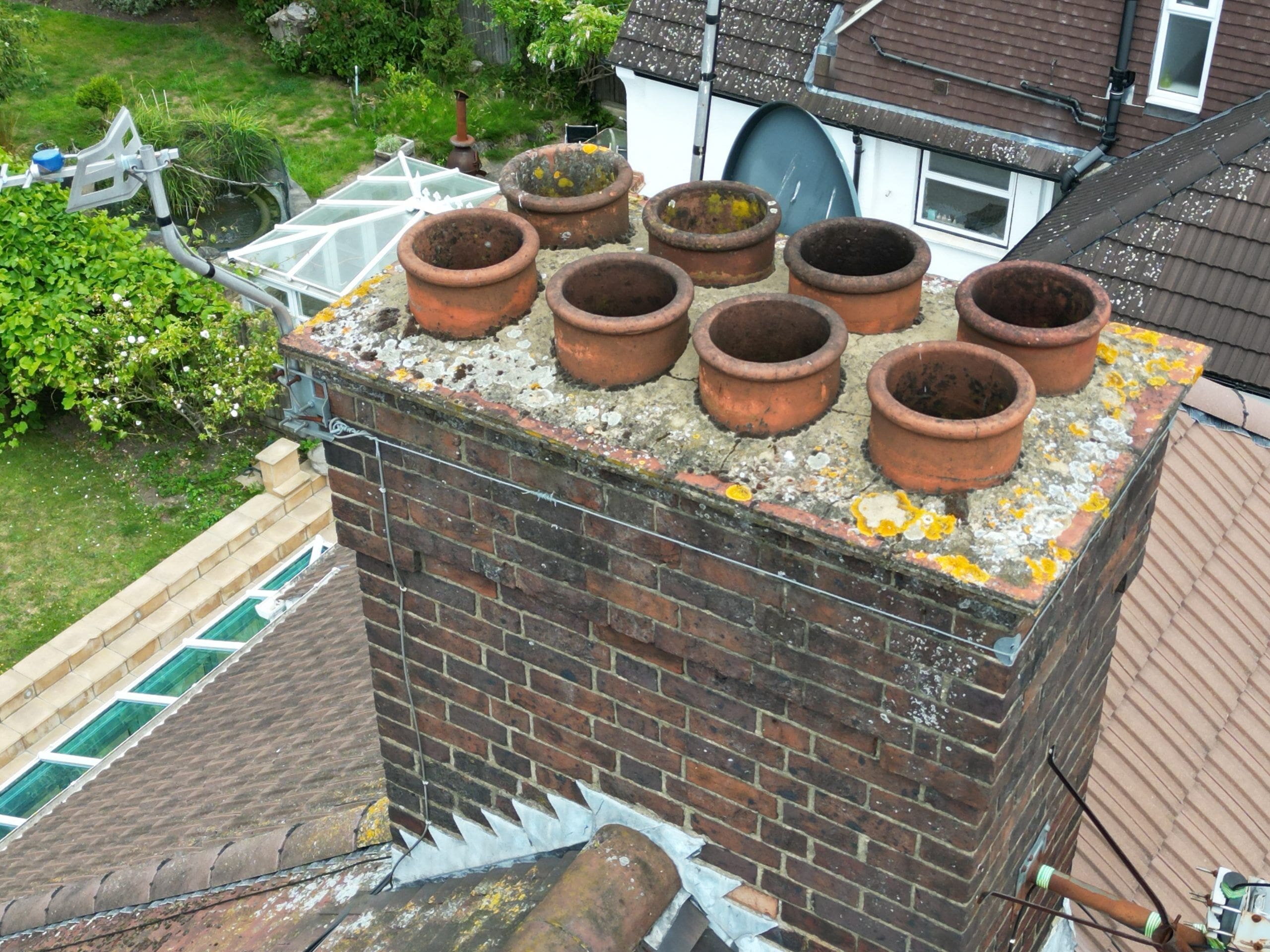 Birdseye view of a hipped chimney stack.