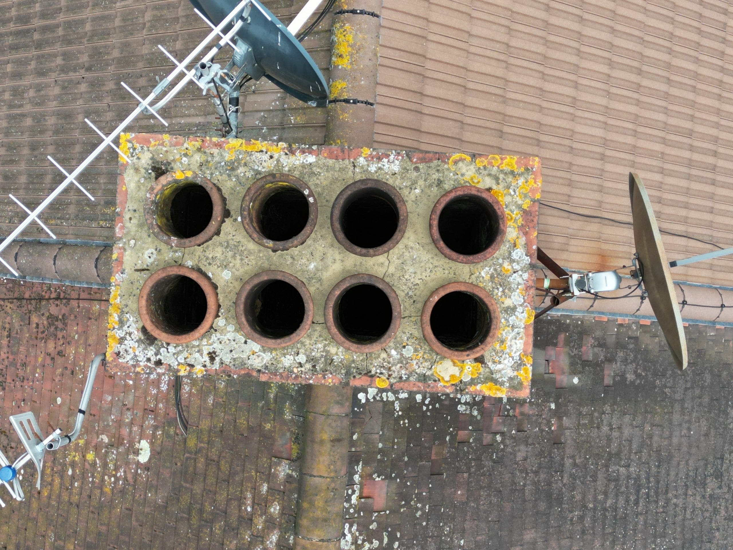 Birdseye view of a hipped chimney stack.